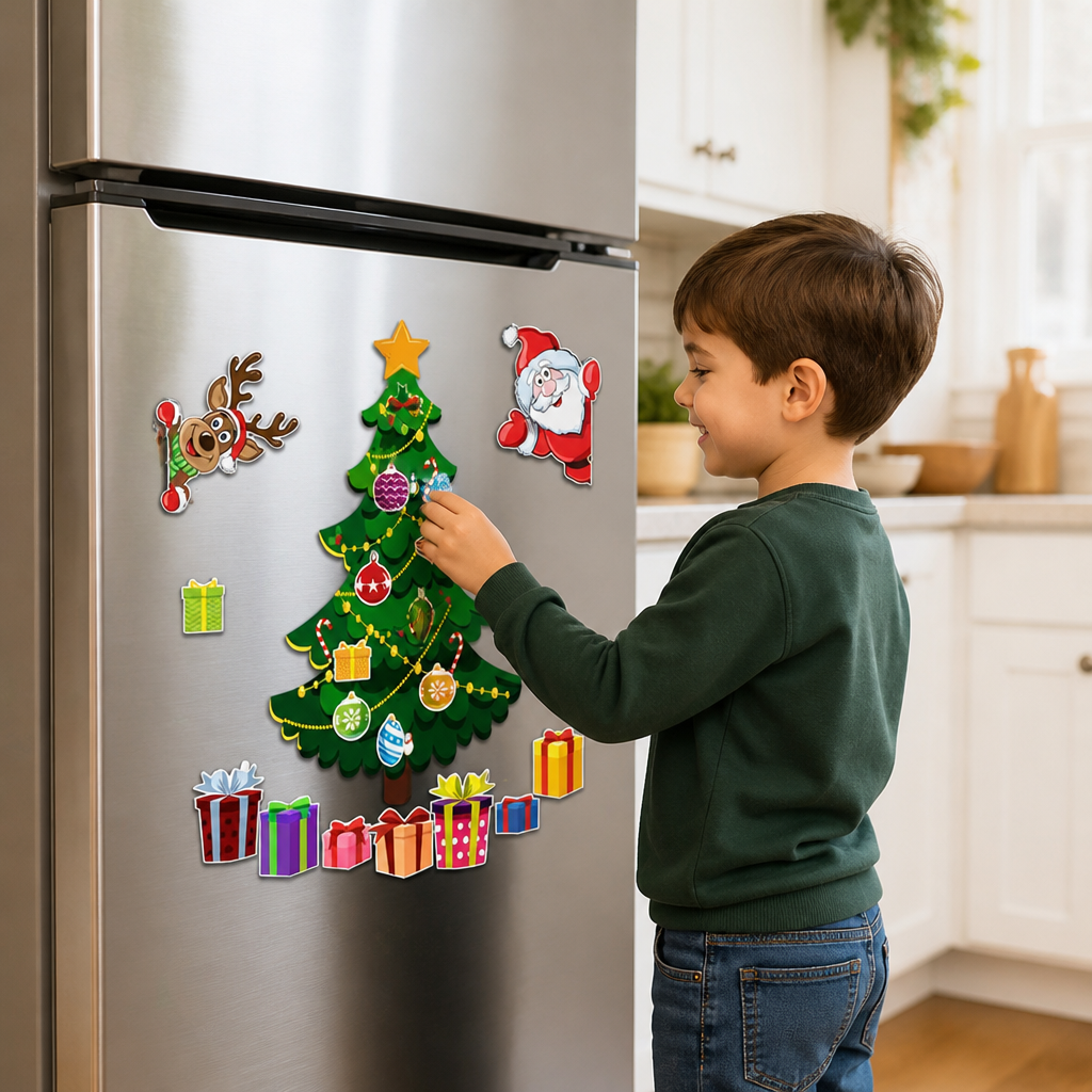 Child decorating the WAS Fridge Tree on the fridge