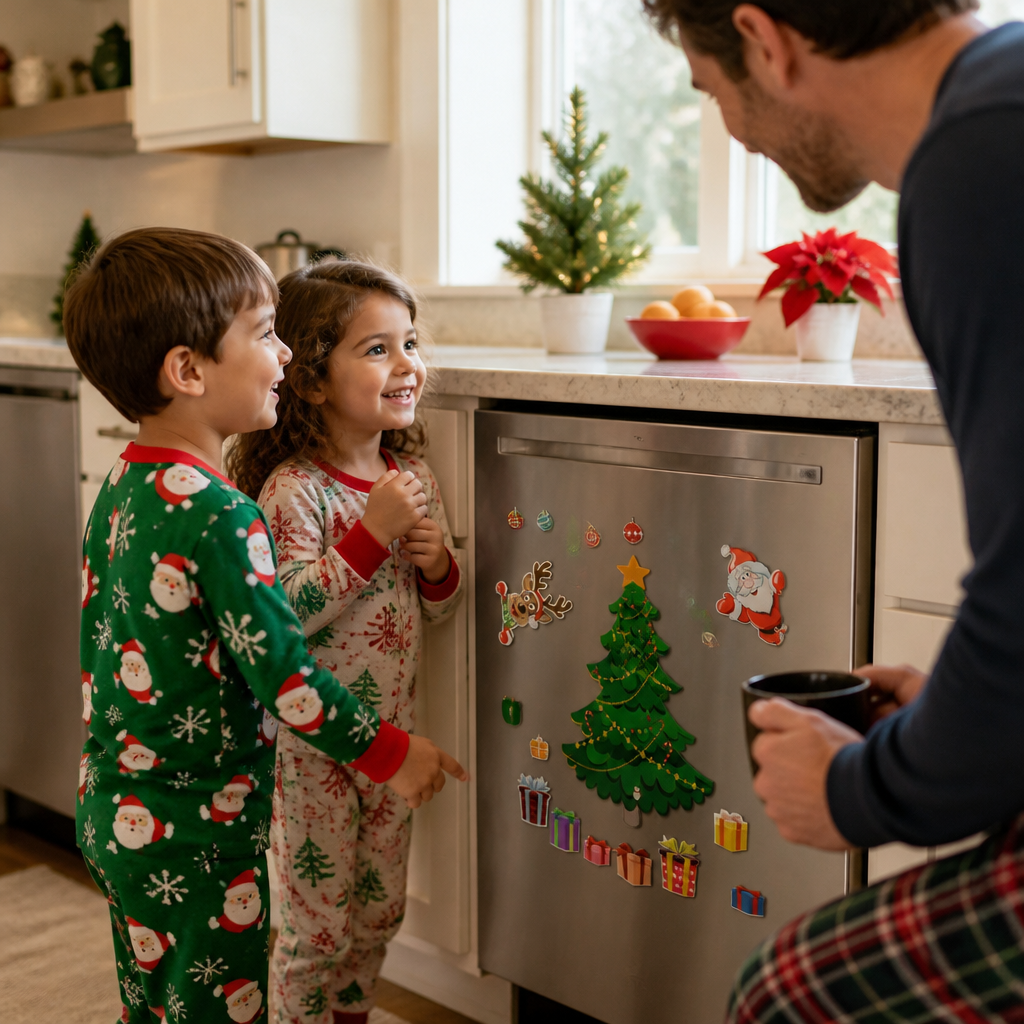 Kids showing their redecorated WAS Fridge Tree to their dad