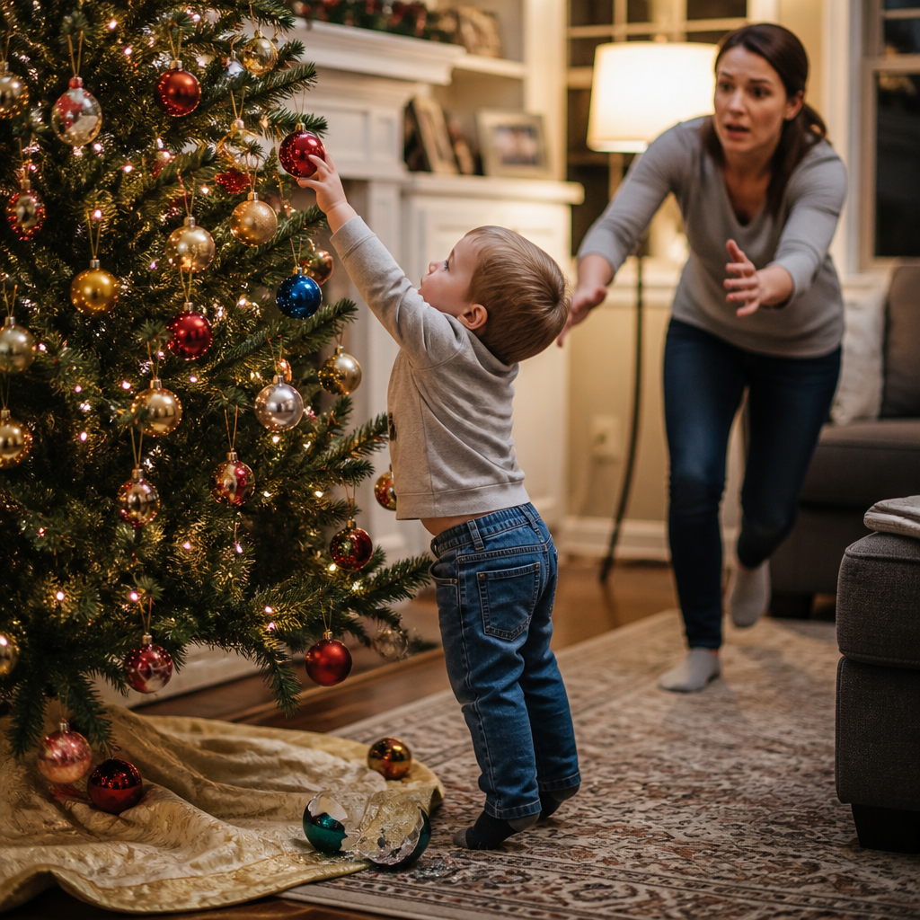Toddler reaching for glass ornaments on a traditional Christmas tree
